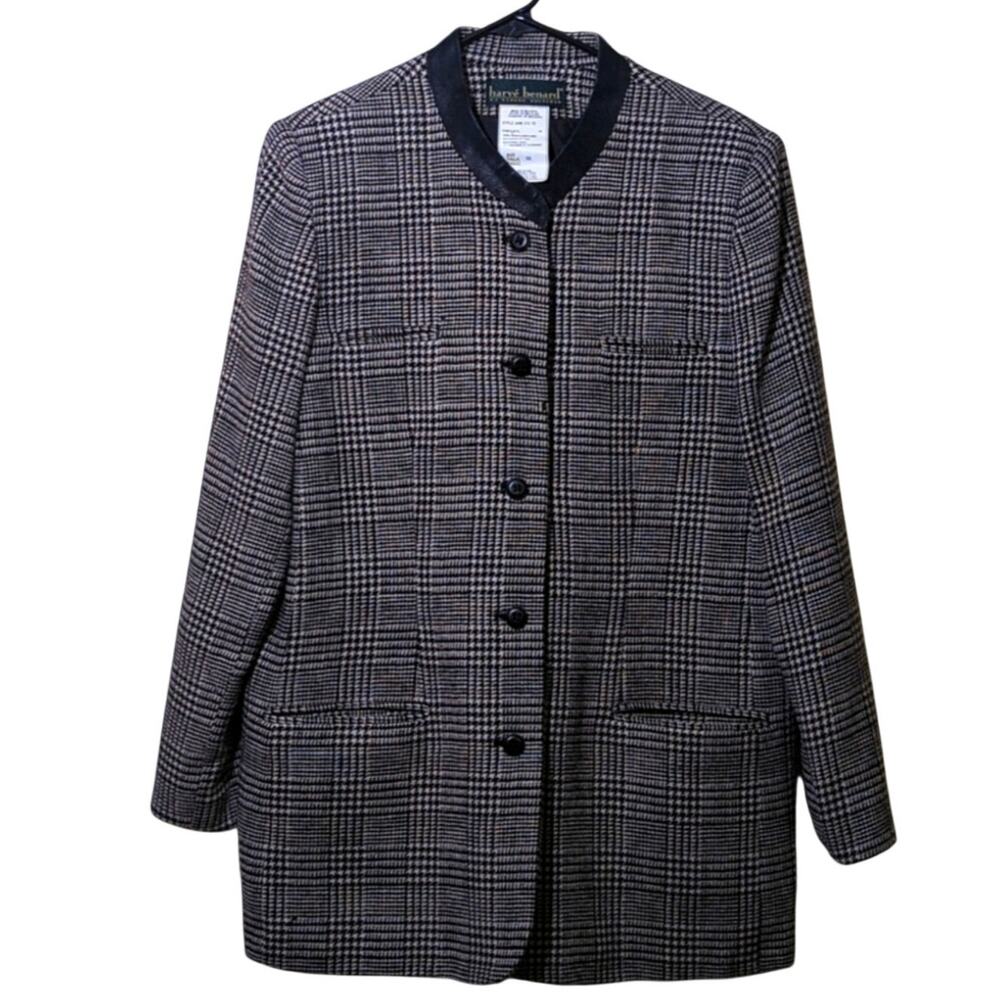 Harve Benard Black Plaid Wool Faux Suede Mandarin Collar Vintage Jacket Sz 10